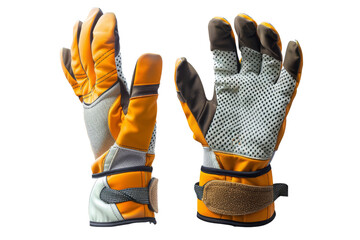 Two orange gloves with white dots on them, Hiking & Trekking Equipment, 3D style and isolated on a transparent background.