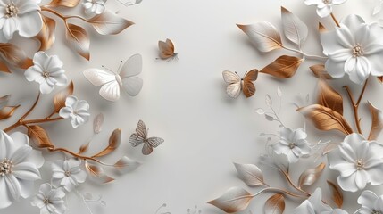 White flowers and gold leaves with delicate butterflies create a romantic and elegant background.