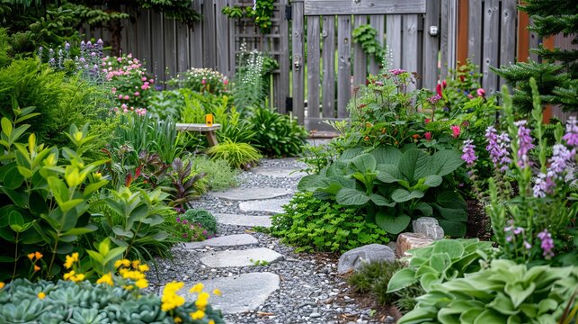 Serene residential side yard with lush greenery and a charming rustic wooden gate