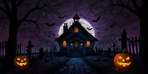 Pumpkins In Graveyard In The Spooky Night with Haunted house and Halloween Pumpkins happy Halloween Background