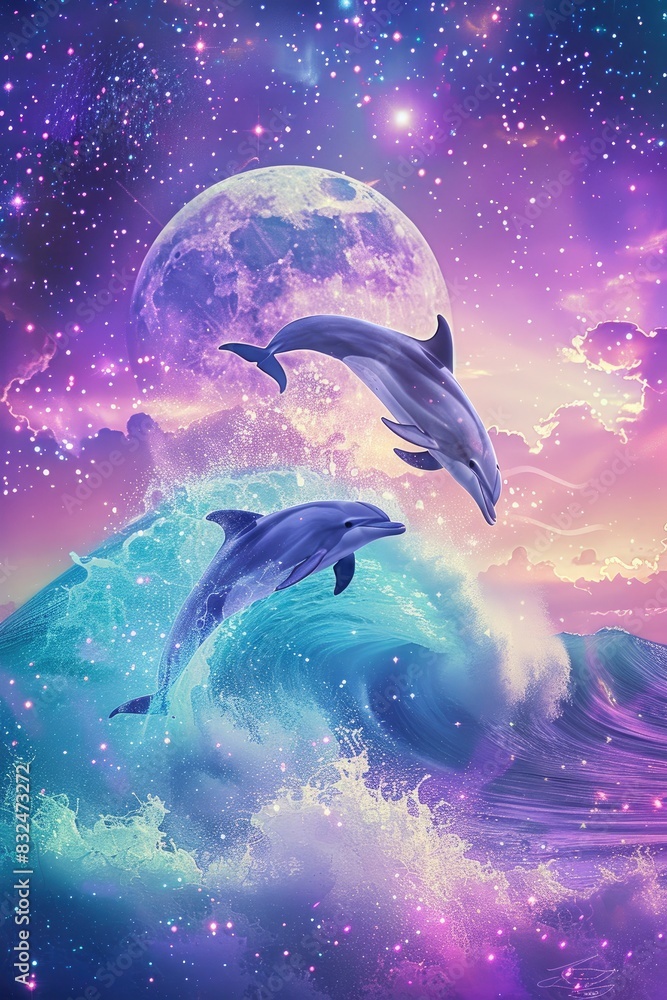 Wall mural two dolphin diving in sea wave on starry sky with the moon and stars in pink hue