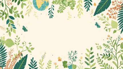 A whimsical frame of green leaves and flowers surrounding a globe on a white background.