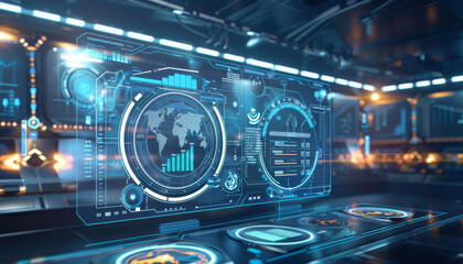 Fototapeta premium A futuristic room with a large screen showing a globe and a few other screens by AI generated image