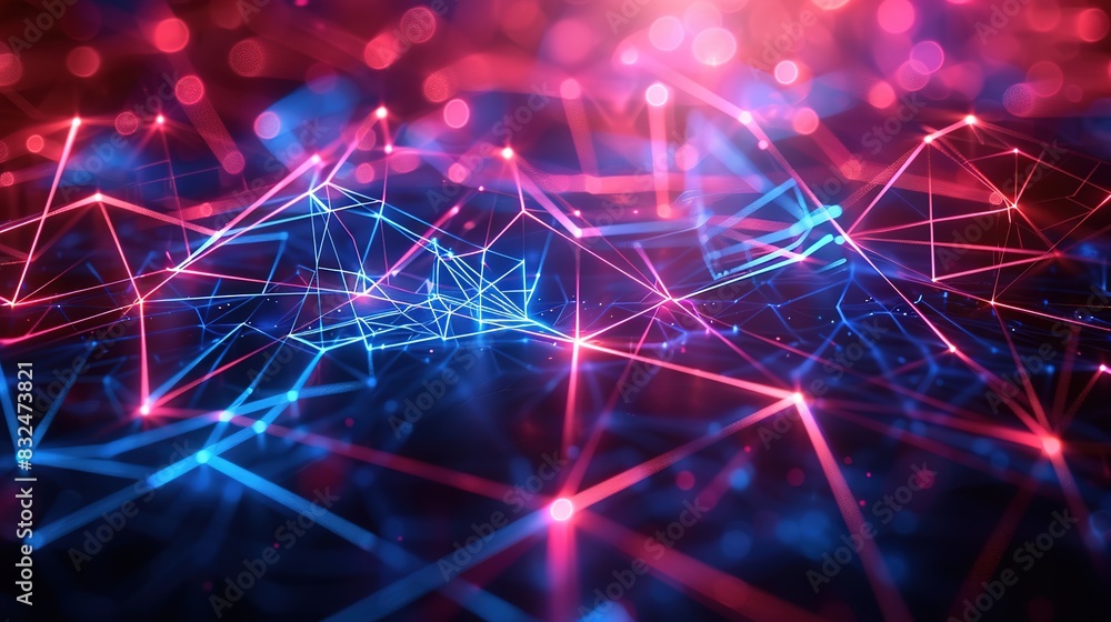 Poster background with neon red and blue lines forming a complex web