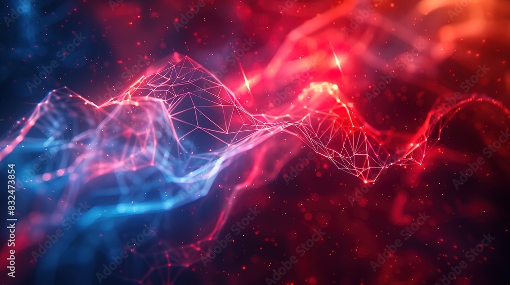 Poster background with neon red and blue lines forming a complex web