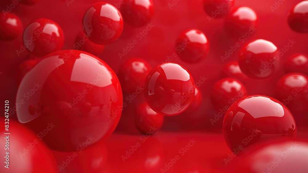 Poster red 3d background with floating, reflective spheres in various sizes