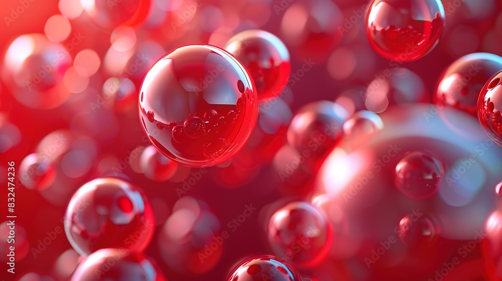 Poster red 3d background with floating, reflective spheres in various sizes