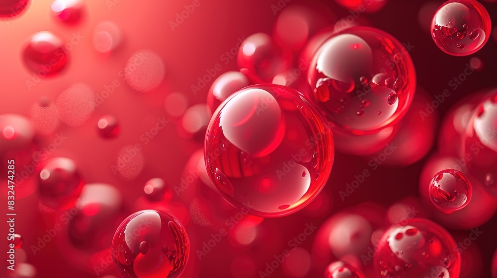 Poster red 3d background with floating, reflective spheres in various sizes