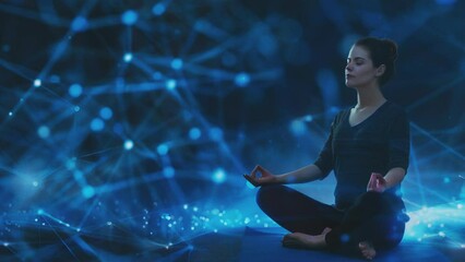 Silhouette of a woman meditating against a futuristic digital backdrop/ - Powered by Adobe