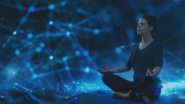 Silhouette of a woman meditating against a futuristic digital backdrop/