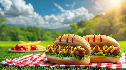 Two hot dogs with mustard and ketchup on a checkered picnic blanket with fries and tomatoes in the background.