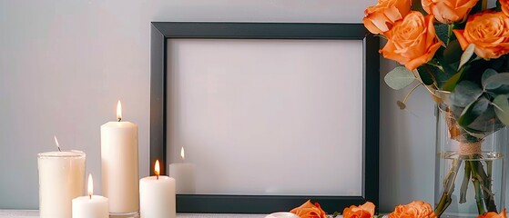 A black picture frame with an orange rose bouquet and white candles on a light gray background