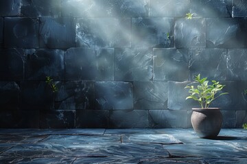 Dark stone wall with a potted plant illuminated by a ray of sunlight, creating a dramatic and serene outdoor scene with natural textures and contrasts