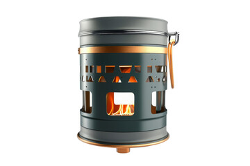 A metal container with a handle and a fire inside, Hiking & Trekking Equipment, 3D style and isolated on a transparent background.