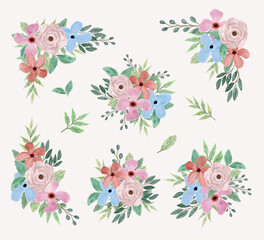 Fototapeta premium pink blue floral watercolor bouquet collection