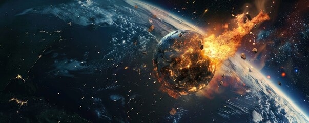 A burning meteorite falls from the sky, with Earth in view