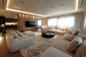 Spacious and luxurious modern living room with white furniture, large windows, and soft lighting, offering a comfortable and elegant setting for relaxation