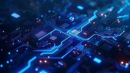 Fototapeta premium Futuristic Blue Glowing Interconnected Circuit Board Technology Background