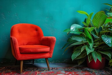 Vibrant red armchair against a teal wall with lush green plants, creating a bold and colorful interior design statement with a retro touch