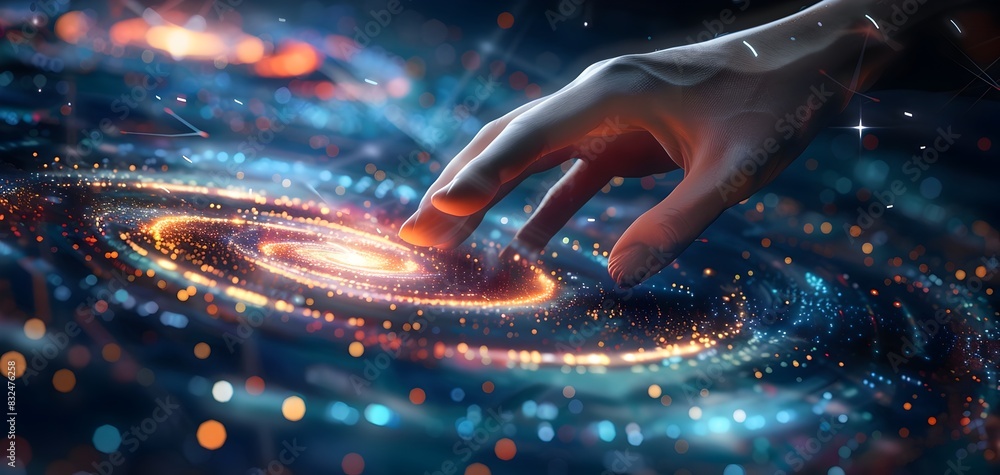 Poster hand touching digital spiral of data in high definition