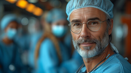 Confident senior surgeon in scrubs with glasses, hospital team in background. Experienced medical professional portrait. - Powered by Adobe