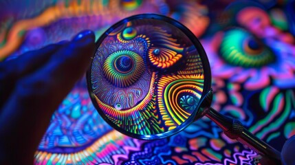 Magnifying glass on a psychedelic abstract background