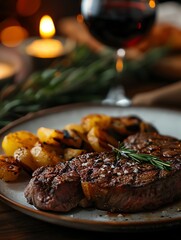Highangle shot of a steak dinner, glass of wine, cozy restaurant atmosphere, AIgenerated, warm lighting