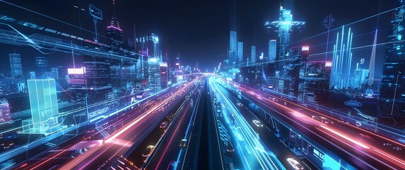 Obraz premium Futuristic Cityscape at Night with SelfDriving Cars and Holographic Displays