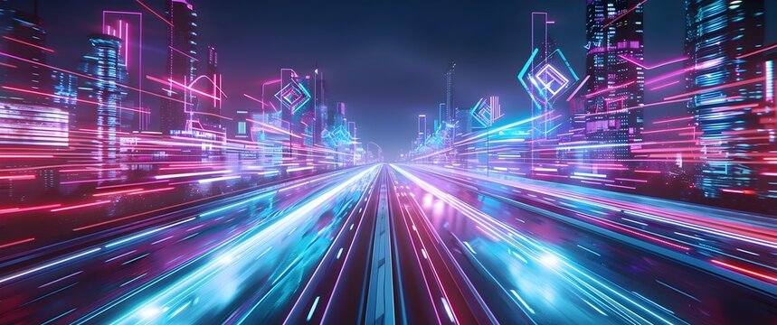 Futuristic Cityscape at Night with SelfDriving Cars on Advanced Road System