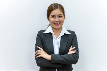 Portrait young Asian working woman in black suit on white background