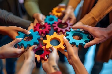 and Teamwork People Interlocking Colorful Gears for Business Success