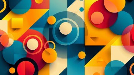 Abstract geometric background with overlapping squares and circles in bright, bold colors