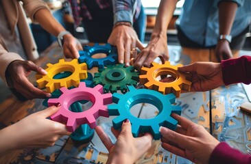 Diverse Hands Holding Colorful Gears on Table for Business Team Success