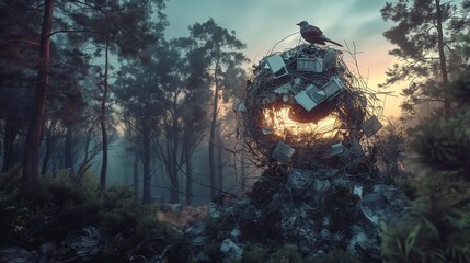 A conceptual image of a bird's nest constructed from various metallic scraps and electronic waste, positioned in a natural forest setting at dawn.