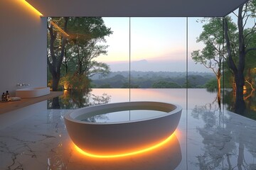 Modern bathroom with a round bathtub and panoramic window view, illuminated by soft evening light, creating a luxurious and tranquil spa like ambiance