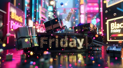 Urban black friday scene shopping bags, gift boxes, and discounts galore