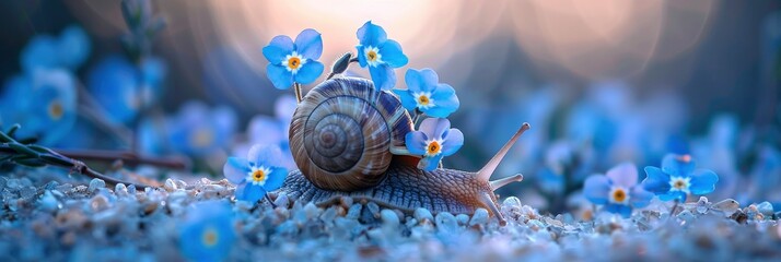 A tiny snail with vibrant blue flowers growing out of its shell with blur bokeh background