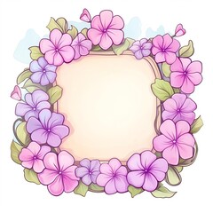 Illustration of a floral frame with pastel purple and pink flowers, perfect for invitations, greeting cards, and decorative designs.