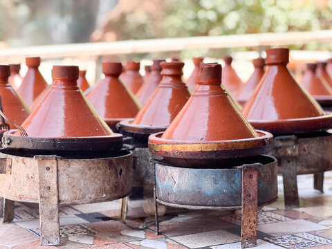 Tajines, typical preparation of Moroccan food, Ouzoud, south Morocco