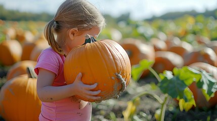 Fototapeta premium Young girl gathering pumpkins at halloween pumpkin patch for festive decorations