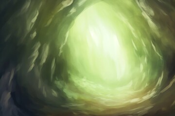 Mysterious glowing light emanates from deep inside the dark, textured cave, creating a sense of intrigue and adventure.