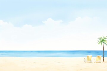 Fototapeta premium Peaceful beach scene with clear blue sky, calm sea, sandy shore, and two chairs under a palm tree. Perfect for relaxing summer vibes.