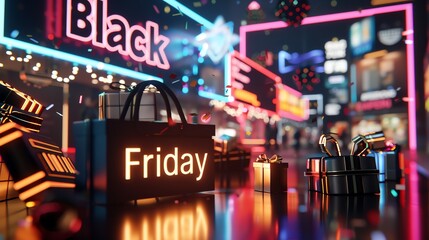 Black friday frenzy 3d rendering with discount signs and urban environment