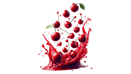 Cherries falling into cherry juice splashes, isolated on the transparent background
