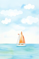 Fototapeta premium Peaceful watercolor painting of a sailboat with orange sails on a calm sea under a blue sky with fluffy white clouds.