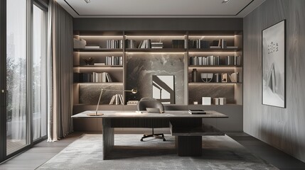 Contemporary home office with minimalist decor, built-in shelving, and a sleek desk, fostering a focused work environment.