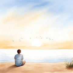 Person sitting on a beach at sunset, gazing at the serene ocean with birds flying across the sky, showcasing a peaceful moment of reflection.