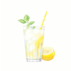 Refreshing glass of lemonade with straw and lemon slices, perfect for a summer day. Isolated on a white background.
