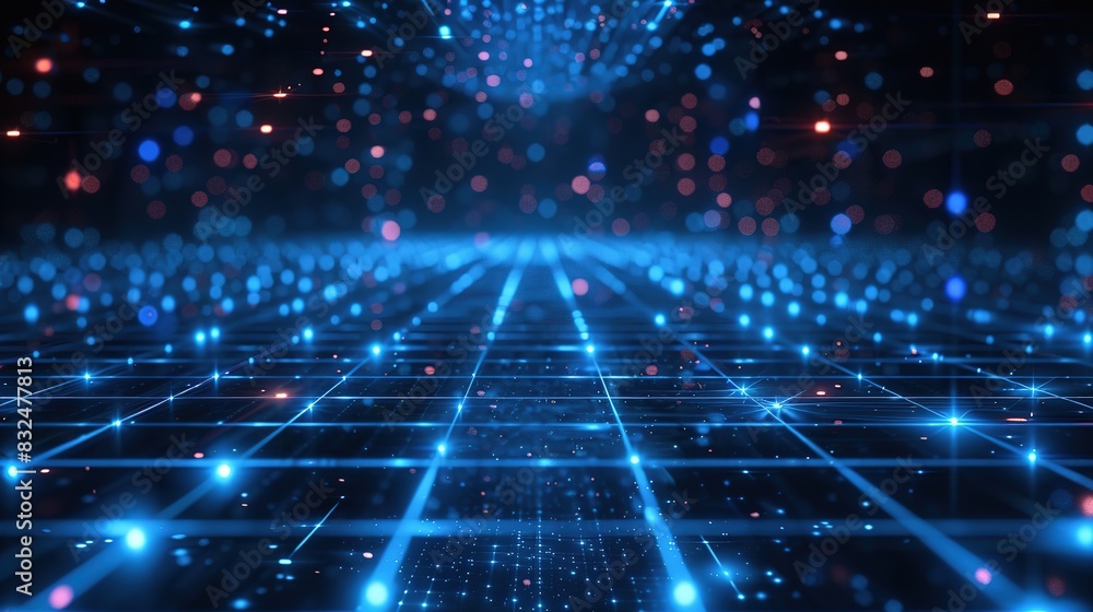 Poster tech background with a grid of glowing blue lines on a dark surface