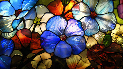 Stained-glass background wallpaper of blue flowers